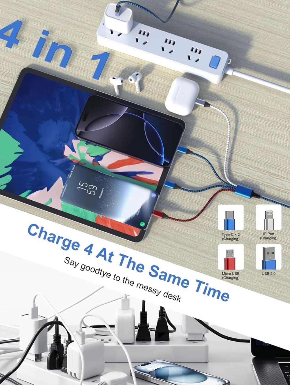 4-in-1 Multi-Device Charging Cable - White/Blue/Red/Black